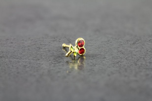 14K Yellow Gold Hand Painted Cherry Nose Bone 14K Yellow Gold Hand Painted Cherry Nose Bone