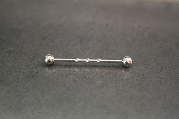 Designer Industrial Ear Barbell with Small Diamond Cuts