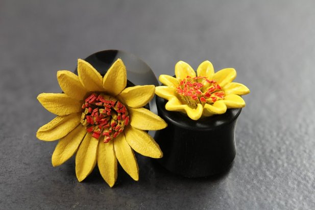 Painted Leather Yellow Flower Flared Plugs